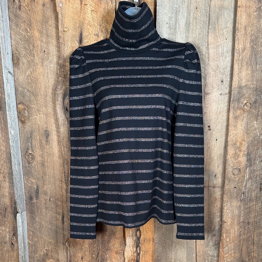 Veronica Beard Black/Silver/Bronze Striped Turtleneck Neck Sweater